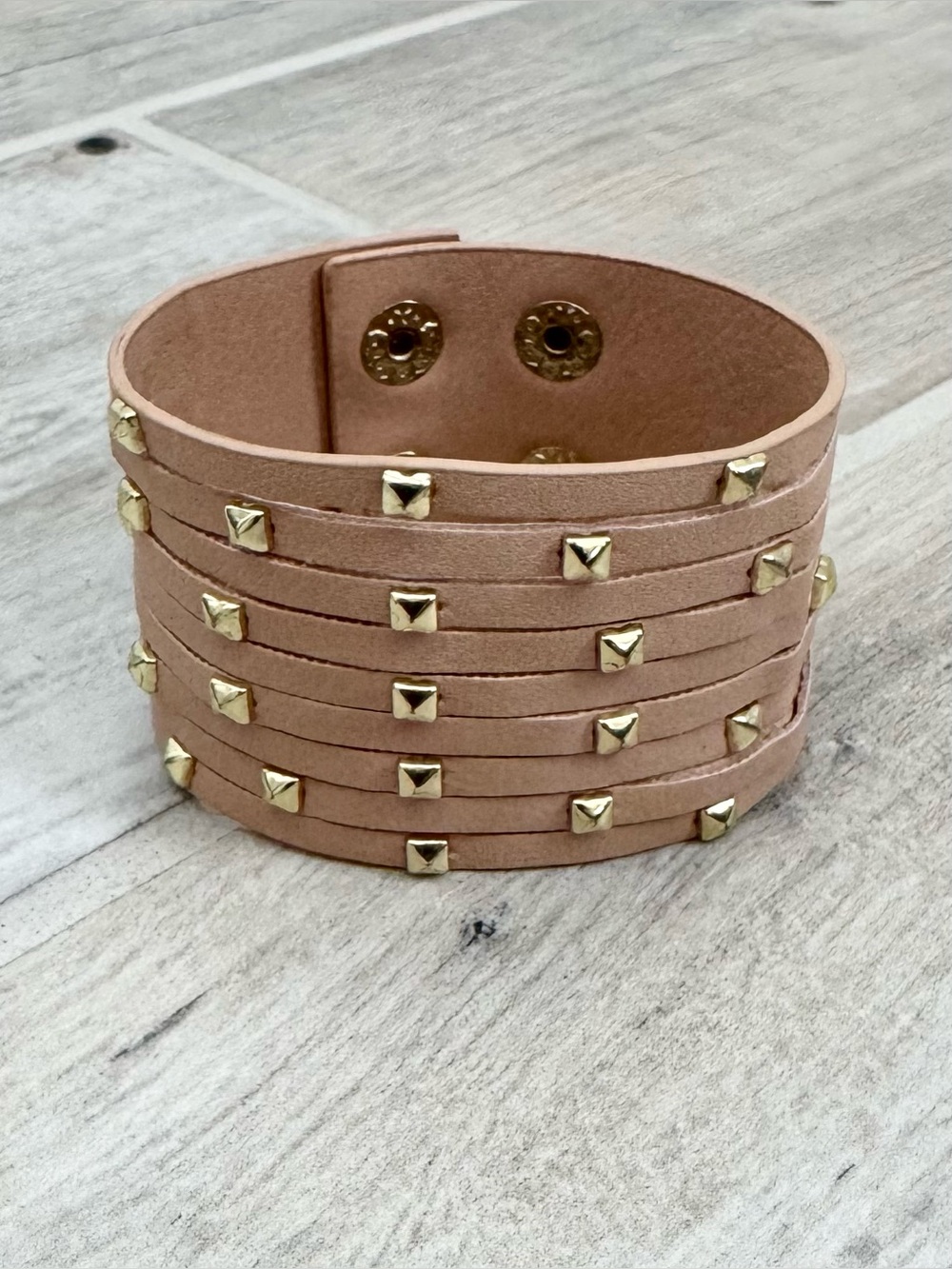 Gold Studded Cream Tan Faux Leather Wrap Bracelet